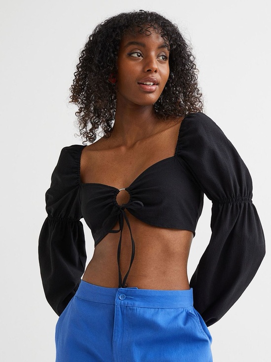 H&M Tops - H&M | Women's Black Puff Sleeve Long Sleeve Crop Top